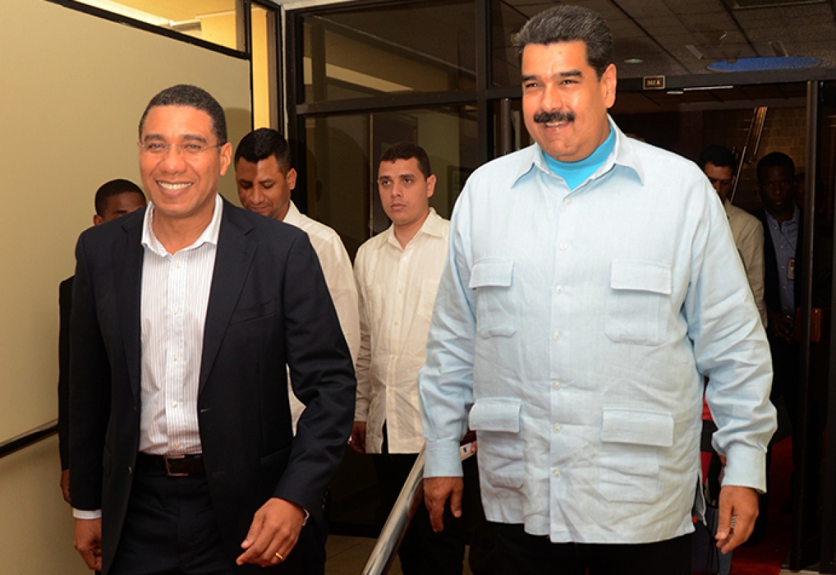 Prime Minister, the Most Hon. Andrew Holness (left), with President of the Bolivarian Republic of Venezuela, His Excellency Nicolás Maduro Moros (right), ahead of a press briefing at the Office of the Prime Minister on Sunday, May 22. The briefing followed bilateral talks between the two countries on trade, energy and culture. The Venezuelan President was on a working visit to Jamaica.