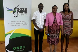 Custos  of St. Andrew, Hon. Dr. Patricia Dunwell (centre), with Ideator of 2030 Youth Jamaica, Ockino A. Leslie (left) and Associate Executive Director of 2030 Youth Jamaica, Kadesha Croney, at the launch of the youth organisation, at the Mona Campus of the University of West Indies, on March 3. 