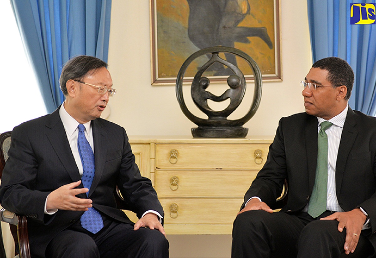 Prime Minister Andrew Holness in discussion with State Councillor and Director of the Central Foreign Affairs Office in China, His Excellency Dr. Yang Jiechi.  The two met yesterday and discussed a range of bilateral, regional and multilateral issues including Chinese investment projects in Jamaica. Dr. Yang Jiechi, was in the island on a one day visit yesterday. 