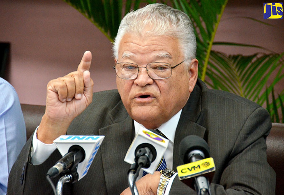 Minister of Industry, Commerce, Agriculture and Fisheries, Hon. Karl Samuda, addresses a press conference at the Ministry in St. Andrew on Wednesday (February 22).