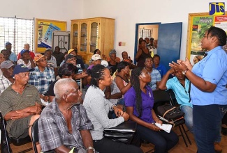 Senior Plant Health and Food Safety Officer at the Rural Agricultural Development Authority (RADA), Francine Webb (right), addresses farmers at a training session on the Beet Army Worm with farmers from  St. Elizabeth and Manchester  on  October 23 at New Forest/Duff House in Manchester.