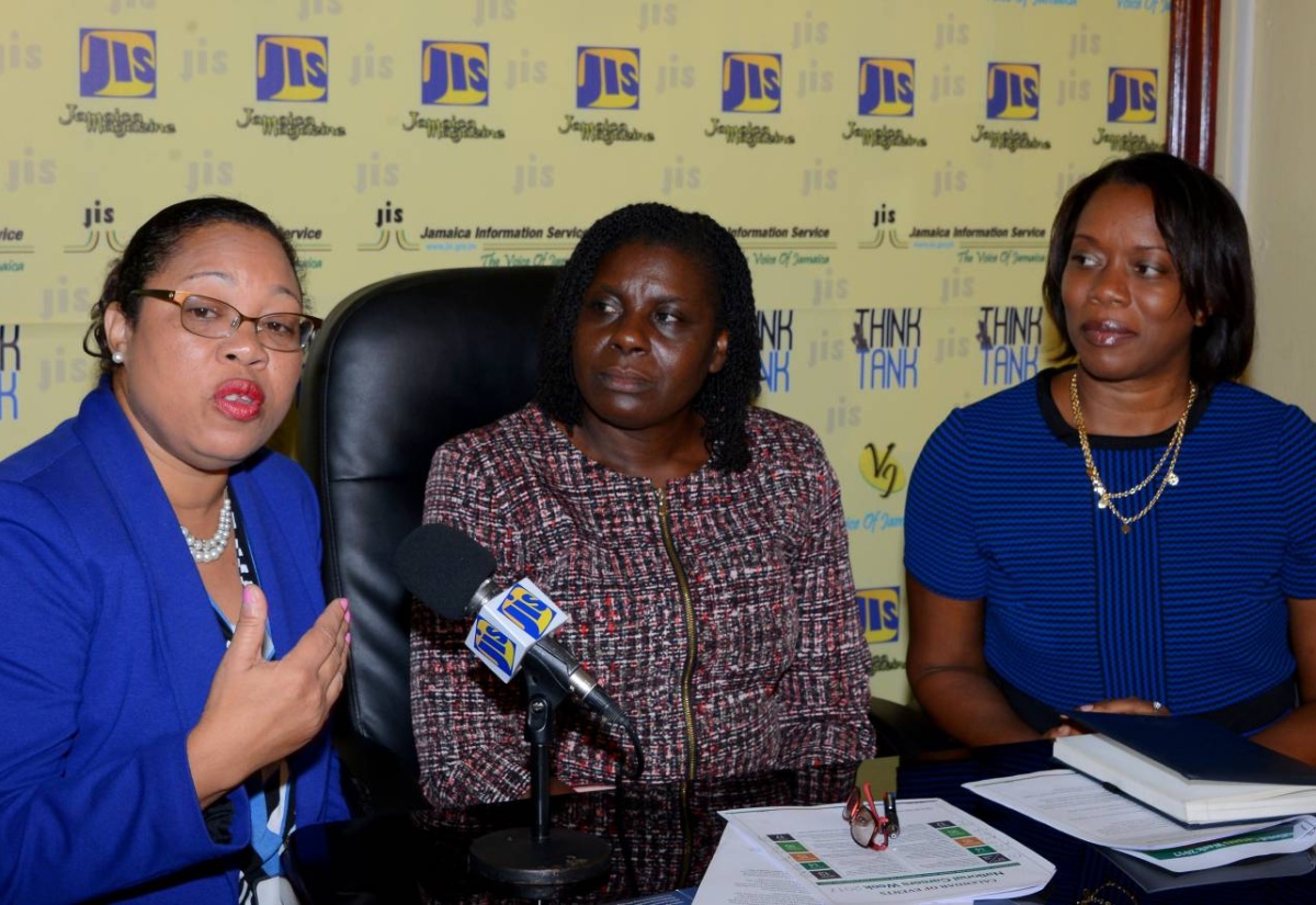 Senior Director for TVET Development and Support System, at HEART Trust/NTA, Dr. Marcia Rowe-Amonde (left), speaks at  a JIS ‘Think Tank’ on   February 3.  Listening keenly from right are:  President of Junior Achievement Jamaica, Alphie Mullings-Aiken  and Senior Education Officer, Guidance and Counselling Unit, in the Ministry of Education, Lisetha Adams.