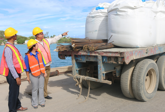 State Minister in the Ministry of Transport, Works and Housing, Hon. Richard Azan (right), points out something of interest to Chairman of the Jamaica Urban Transit Company (JUTC), Garnett Roper (right); and Manager of Tank Weld’s Port Rio Bueno, Marianne Greaves, as they inspect material, which was part of a load shipped from the Trelawny-based port to storm-ravaged Dominica on Wednesday (November 5). The donation, valued at about $50 million, represents a joint public/private sector partnership, and included two bailey bridges, six tons of steel, 18 tons of cement, and other items. Oslo Bulk is shipping the items to Dominica. 