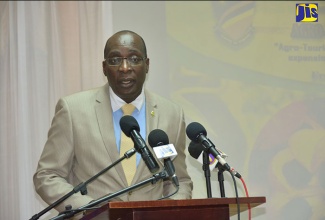 Minister of Education, Youth and Information, Senator, the Hon. Ruel Reid, speaking at the HEART Trust/NTA’s College of Hospitality Services/Western Hospitality Institute trade show at the Cardiff Hotel and Spa, Runaway Bay, St. Ann, on November 16. 