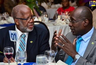 Minister of Education, Youth and Information, Senator the Hon. Ruel Reid (right), in discussion with Chairman of the Council of Community Colleges of Jamaica (CCCJ), Dr. Orville Beckford,  at the 15th Anniversary Awards Banquet of the Council recently.