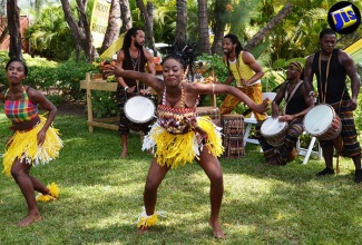 Members of Children of the Drums  rhythm and dance ensemble perform at the media launch of the Seville Emancipation Jubilee at Jewel Paradise Cove Beach Resort and Spa in Runaway Bay , St. Ann on July 7. The group is part of the rich cultural line up for the Emancipation Jubilee at the Seville Great House and Heritage Park on July 31.   