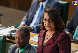 Minister of Labour and Social Security,  Hon. Shahine Robinson, giving details of reform activities by the NIS during her contribution in the 2017/18 Sectoral Debate in the House on April 26.  Seated is Minister without Portfolio in the Ministry of Industry, Commerce, Agriculture and Fisheries, Hon. J.C. Hutchinson.