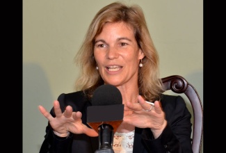 Sophie Sirtaine, World Bank Country Director for the Caribbean addresses journalists at the Jamaica Pegasus Hotel in Kingston on May 6, 2014.