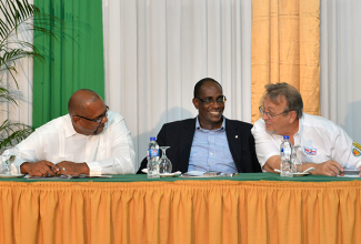 Chief Technical Director in the Ministry of Industry, Commerce, Agriculture and Fisheries, Stephen Wedderburn (centre), shares a light moment with Jamaica Pig Farmers Association (JPFA) President, Hanif Brown (left), and Vice President of Marketing and Agricultural Supplies of the Hi-Pro Division of the Jamaica Broilers Group, Conley Salmon. Occasion was the JPFA’s 14th annual general meeting , held recently,  at the Golf View Hotel in Mandeville.