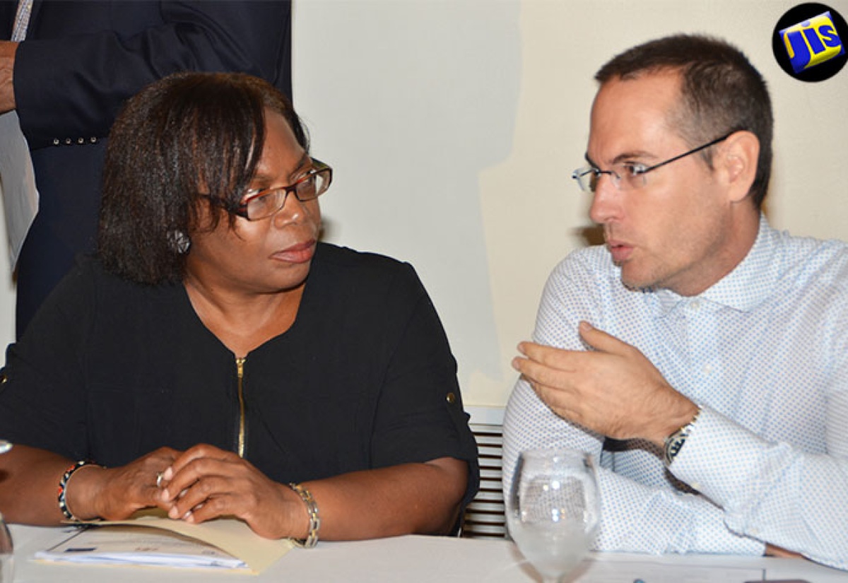 Under-Secretary for Foreign Trade in the Ministry of Foreign Affairs and Foreign Trade, Marcia Thomas (left), in discussion with Trade Officer, Delegation of the European Union in Jamaica, The Bahamas, Turks and Caicos, and the Cayman Islands, Koenraad Burie, during a one-day workshop for the private sector on the CARICOM Single Market and Economy, at The Jamaica Pegasus hotel in Kingston, yesterday (September 12).