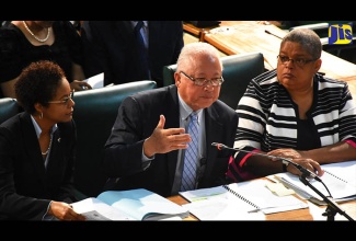 Minister of Justice, Hon. Delroy Chuck (centre), addresses members of the Standing Finance Committee in the House of Representatives, yesterday (March 2). The Minister is flanked by (from left), Attorney-General, Marlene Malahoo Forte; and Permanent Secretary in the Justice Ministry, Carol Palmer.