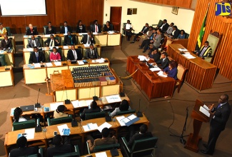 Education, Youth and Information Minister, Senator the Hon. Ruel Reid (right) makes an address to the National Youth Parliament, held at Gordon House in Kingston on November 14.