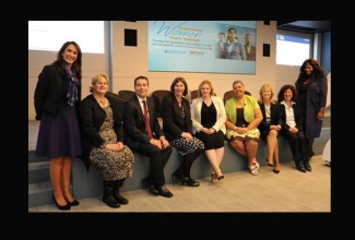 High Commissioner to the United Kingdom (UK), Her Excellency Aloun Ndombet-Assamba (4th left), shares a moment with panellists at the Inspirational Women Super Summit held last night (September 8) at Barclays Bank in London. They are (from left to right): Jagdeep Rai from Barclays Bank; Executive Director, Institute of Chartered Accountants, England and Wales, Sharron Gunn; Matt Tuck, Barclays Bank; Director, Government Equalities Office, Alison Pritchard;  former Member of Parliament for Brentford and Isleworth and Prime Minister’s Small Business Ambassador, Mary Macleod; Managing Director  Eastern Region, Barclays Corporate Banking, Jane Galvin; Chief Detective Superintendent, Metropolitan Police Service Redbridge, Sue Williams; and founder of the National Black Women’s Network, Sonia Brown.