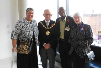 Jamaica’s High Commissioner to the United Kingdom (UK),  Aloun Ndombet Assamba  (left), shares a moment with Mayor of  Kensington and Chelsea Councillor, Charles Williams (2nd left); Project Director of the Windrush Foundation, Arthur Torrington; and  Mayoress June Williams  at the official opening of an exhibition on Tuesday (Nov. 5),  by the Windrush Foundation, to mark the 175th anniversary of the Emancipation of African slaves in the British West Indies. The exhibition is currently being held at the Royal Geographical  Society in London. 