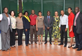 Chief Executive Officer at the Jamaica Information Service, Mrs. Donna-Marie Rowe (second right),  with (from left): President of the Press Association of Jamaica and Managing Editor at the Gleaner Company Limited, Jenni Campbell; Managing Editor, Botswana Daily News, Charmaine Revaka; Manager, Radio, Keitirile Mathapi; Human Resource Director at the JIS; Mrs Bernita Locke; Director, Information Services Department, Russ Molosiwa; Chief Information Officer, Daphne Motsakae; Chairman, Broadcasting Commission, Professor Hopeton Dunn; Jamaica Information Service Advisory Board Chairman, Fae Ellington; Deputy Permanent Secretary, Ministry of State President, Botswana, Mogomotsi Kaboeamodimo; and Managing Director, RJR Group, Gary Allen.  Occasion  was a luncheon hosted by the  JIS  for  members of a delegation from  Botswana  who are in the island  to benchmark with the JIS. 