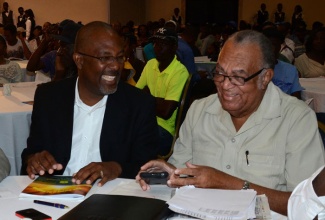 Minister of State for Agriculture, Labour, and Social Security, Hon. Luther Buchanan (left), is in light conversation with Executive Chairman of the Sugar Industry Authority, Ambassador Derick Heaven, at the annual general meeting of the All-Island Jamaica Cane Farmers’ Association held at the Jamaica Pegasus Hotel in Kingston on November 6.