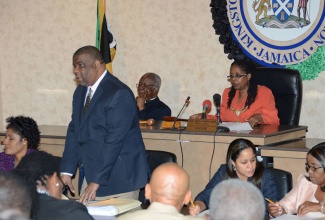 Mayor of Kingston, Senator Angela Brown Burke (left), listens as Town Clerk, Errol Greene (standing), makes a point during today’s (Jan. 14) monthly meeting of the Kingston and St. Andrew Corporation (KSAC), at its Church Street chambers, downtown Kingston. Mr. Greene will be heading on pre-retirement leave from the KSAC shortly. He will however be placed at the St. Thomas Parish Council.