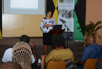 Cannabis Licensing Authority Chairperson, Hyacinth Lightbourne, addressing a recent ganja grower stakeholders consultation at Jamaica Promotions Corporation (JAMPRO) auditorium, in New Kingston.