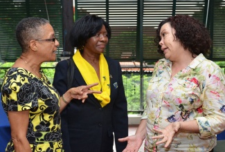 Jamaica Information Service (JIS) Advisory Board Chairman, Miss Fae Ellington (left), in discussion with Managing Editor, Botswana Daily News, Charmaine Revaka, at a luncheon hosted  by the JIS  at the Alhambra Inn, on September 20, for  members of a delegation from  Botswana  who are in the island  to benchmark with the JIS. At centre is  Human Resource Director at the JIS, Mrs. Bernita Locke. 