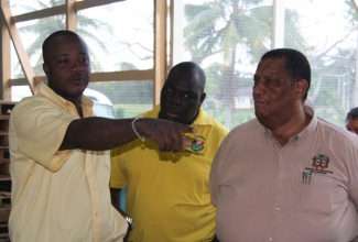 Minister of Agriculture and Fisheries, Hon. Roger Clarke (right); Permanent Secretary in that Ministry, Donovan Stanberry (centre); and Chief Executive Officer of Supreme Quality Exports,Victor Wright (discuss the company’s operations on Friday February 7, during a tour of the packaging house by Mr. Clarke and Ministry officials.