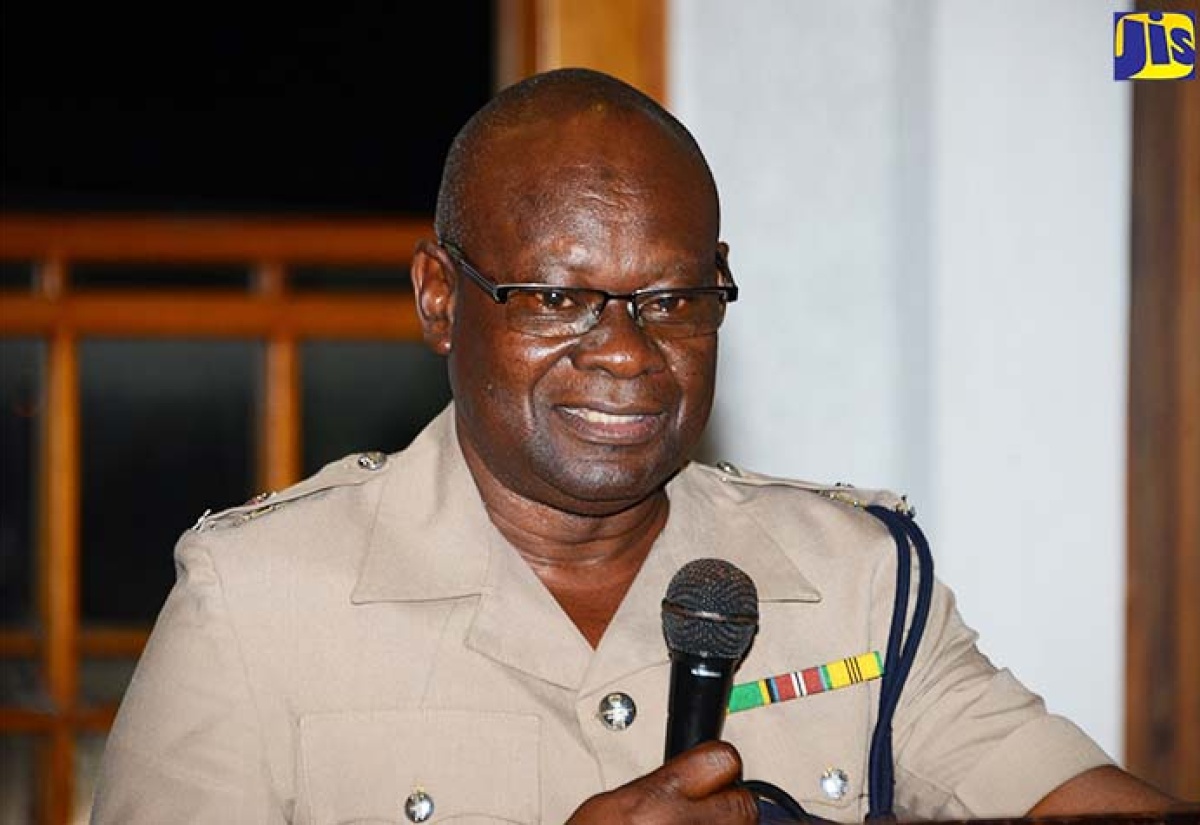 Head of the St. Mary Police, Superintendent Fabian Farqurson, addresses a town hall meeting held at the Port Maria Civic Centre on Wednesday (March 29).
