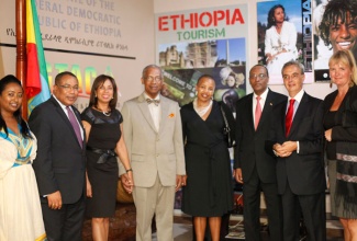 : Mrs. Yodit Getachew Hylton, the Honorary Consul of Ethiopia in Jamaica, Hon. Anthony Hylton, Minister of Industry, Investment and Commerce, Hon. Sharon Ffolkes, State Minister for Industry, Investment and Commerce,  Professor Winston Davidson, Head of the University of Technology School of Public Health & Health Technology,  Her Excellency Mathu Theda Joyini, High Commissioner for South Africa to Jamaica, Ambassador Girma Birru, Ambassador of Ethiopia to Jamaica, His Excellency Ariel Fernandez Ambassador of Argentina to Jamaica and his wife Helene Fernandez.