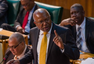 Minister without Portfolio (Housing), Ministry of Transport, Works and Housing, Hon. Dr. Morais Guy, makes his contribution to the 2015/16 Sectoral Debate in the House of Representatives on Tuesday, April 28. Seated at left is  Minister of State in the Ministry of Transport, Works and Housing, Hon. Richard Azan.