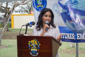 Minister of Youth and Culture, the Hon. Lisa Hanna, addressing the Marketing Seminar organised by final year students at the University of Technology School of Business Administration on February 26.