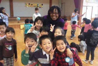 Assistant Language Teacher (ALT), Japan Exchange and Teaching (JET) programme, Stacie Miller with one of her kindergarten classes in Akita, Japan.