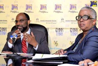 Diaspora Conference Chairman, Earl Jarrett (left), speaks at a Jamaica Information Service (JIS) ‘Think Tank’, today (June 6) at the agency’s head office in Kingston. He outlined plans for the Jamaica Diaspora Conference slated for July 23 to 27 in Kingston.  At right is Undersecretary for Diaspora Protocol and Consular Affairs of the Ministry of Foreign Affairs and Foreign Trade, Ambassador Sharon Saunders.