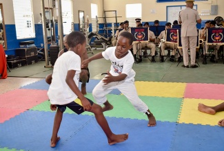 Participants of  the ‘Kick Out Crime and Violence’ programme wrestle under the guidance of their coach (partly hidden) at the Open Day and signing ceremony, held on August 20 at the Jamaica Defence Force (JDF), Up Park Camp,  while members of the Jamaica Combined Cadet Force (JCCF) provides music in the background.