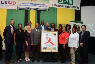 Health Minister, Hon. Dr. Fenton Ferguson (6th left); and Labour and Social Security Minister, Hon. Derrick Kellier (5th left), and other stakeholders, display the National HIV/AIDS Workplace Policy during its recent launch, along with the Jamaica Occupational Safety and Health National Profile, at the Jamaica Pegasus Hotel, New Kingston. Others participating in the launch included: parliamentarians, Raymond Pryce (left) and Olivia Grange (2nd left); United States Agency for International Development (USAID) Acting Mission Director in Jamaica, Jeannette Vail (3rd left); Jamaica Confederation of Trade Unions (JCTU) Board Member, Keith Comrie (4th left); State Minister for Transport, Works and Housing, Richard Azan ( 7th left);  Chief Technical Director, Ministry of Labour and Social Security, Errol Miller (7th right); Chief Executive Officer, Jamaica Employers Federation (JEF), Brenda Cuthbert (5th right); HIV/AIDS  Programme Director, Ministry of Labour and Social Security, Peta-Gaye Pryce (4th right); President, Jamaica Network of Seropositives, Paula Samuels (3rd right); Senior Director, Occupational Safety and Health Department, Ministry of Labour and Social Security, Robert Chung (3nd right); and President and Chief Executive Officer, Victoria Mutual Building Society (VMBS), Richard Powell.