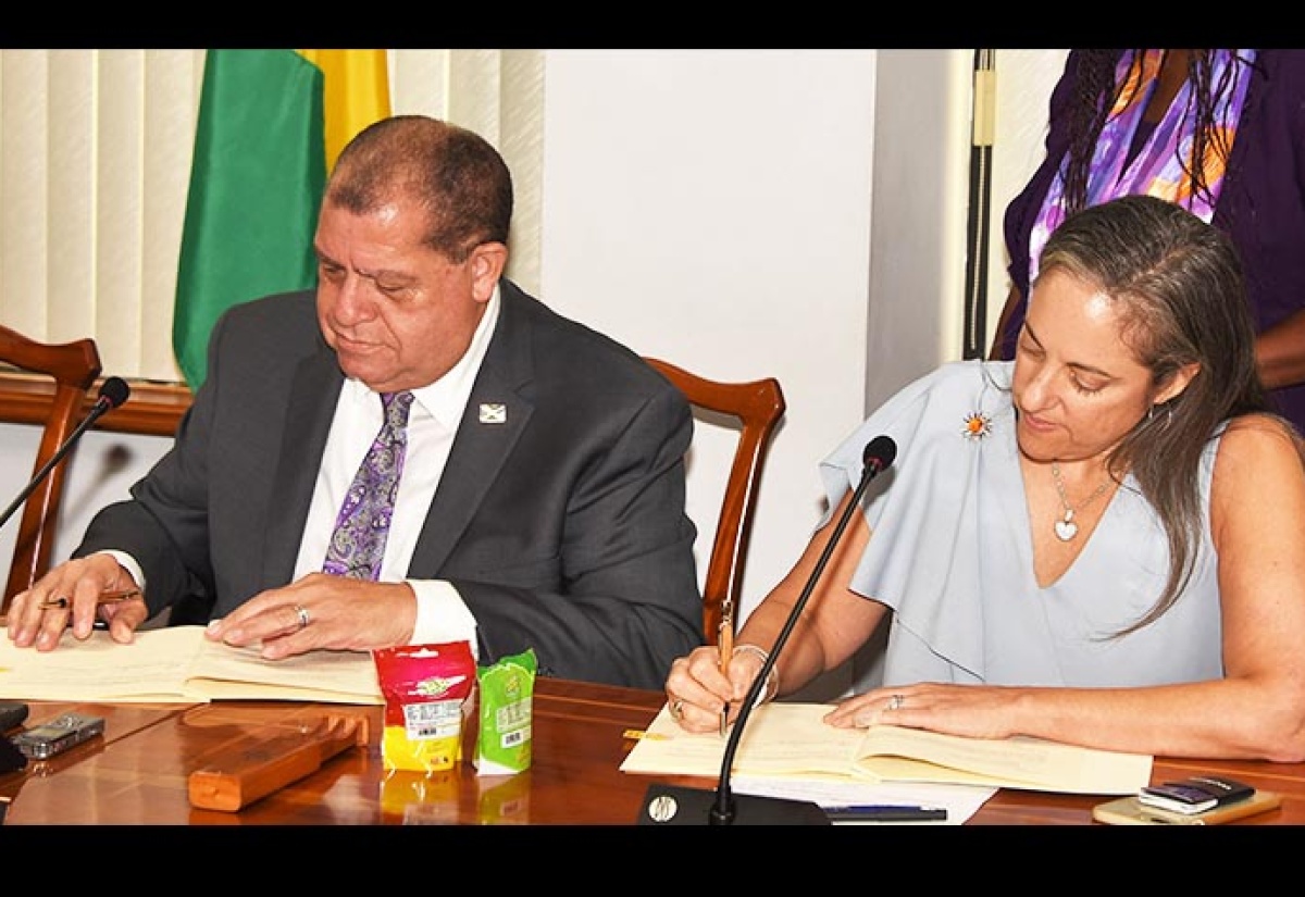 Finance and Public Service Minister, Hon. Audley Shaw (left), and Inter-American Development Bank (IDB) Executive Vice President, Julie Katzman, sign a J$2.56-billion (US$20-million) IDB loan agreement formalising additional funding support for the Government’s Credit Enhancement Facility for micro, small and medium-sized enterprises (MSMEs). The signing took place at the Ministry’s offices in Kingston on September 6.  