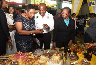 Minister of Culture, Gender, Entertainment and Sport, Hon Olivia Grange (left), and Minister of State in the Ministry of National Security, Senator the Hon. Pearnel Charles Jr. (centre), look at food items prepared by wards in juvenile correctional centres at the recently held ‘We Transform’ competition and expo at the Girl Guides Headquarters in Kingston. At right is Commissioner of the Department of Correctional Services (DCS), Ina Hunter.