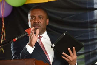 Minister of Science, Technology, Energy and Mining, Hon. Phillip Paulwell, emphasises a point as he addresses the official opening of the Gregory Park Community Computer Resource Centre in Portmore, St. Catherine on Wednesday, November 13.
