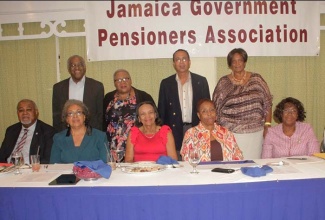 President of the Jamaica Government Pensioners Association (JGPA), Johnathan Brown (standing left), shares a photo opportunity with the organisation’s management committee at a recent meeting. Standing (from 2nd left) are members Sonia Scott, Desmond Batchelor, and  Noreen Blackman.  (Seated left to right) are: Immediate Past President, Charles Jones; Secretary, Carol Jones;  First Vice President, June Spence-Jarrett; Second Vice President, Julette DaCosta; Member, Joan Longmore-Blake;  and Treasurer, Robert Chennis. 