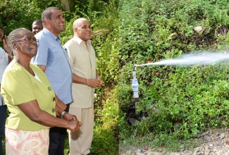 Water, Land, Environment, and Climate Change Minister, Hon. Robert Pickersgill (right), performs the symbolic commissioning of the $60 million Mile Gully/Warwick Castle water supply system in St Mary on November 28. Sharing the moment are: President, Mile Gully/Warwick Castle Benevolent Group, Ceceline Day (left); and Member of Parliament for Western St. Mary, Joylan Silvera. 
