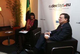 Prime Minister, the Most Hon. Portia Simpson Miller (left), is in discussion with  President of the European Commission, Jose Manuel Barroso, prior to  addressing the opening session of the European Development Days forum in Brussels, Belgium on November 26. The event is the largest development forum in Europe and is being held under the theme: 'A decent life for all by 2030 - building a consensus for a new development agenda’.