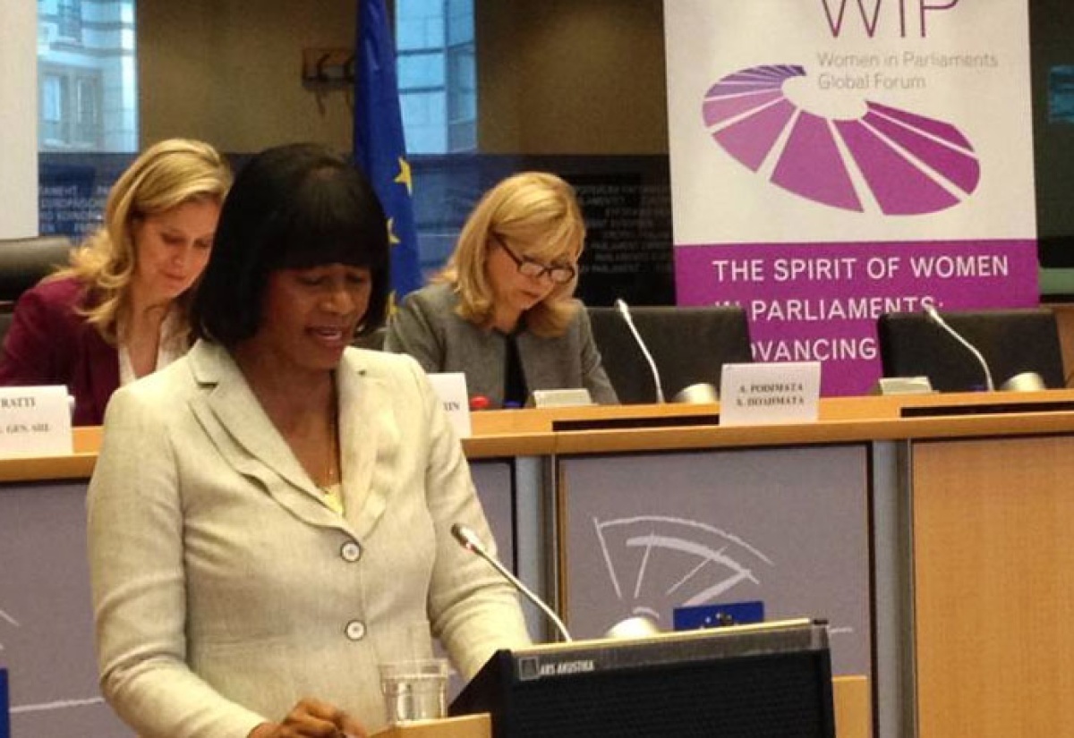 Prime Minister, the Most Hon. Portia Simpson Miller addressing the Women In Parliament Global Forum, held in the European Parliament in Brussels, Belgium, on November 27.