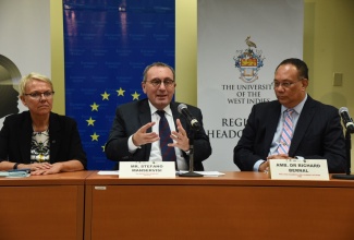 Director-General for International Cooperation and Development in the European Commission, Stefano Manservisi (centre), emphasizes a point while fielding questions from attendees at his open lecture entitled: ‘The European Union (EU) and the Caribbean: a proposal for a modern partnership beyond 2020’, at the Mona Campus of the University of the West Indies (UWI) in St. Andrew on Thursday (February 1). He flanked by (from left):  Head of the EU Delegation to Jamaica, Malgorzata Wasilewska; and Pro Vice-Chancellor, Global Affairs, UWI, Ambassador Dr. Richard Bernal.