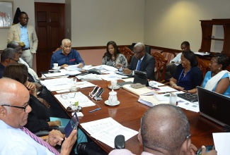 Minister of Water, Land, Environment and Climate Change, Hon. Robert Pickersgill (sixth left), addresses a meeting of heads of agencies and department, held recently, at the Ministry in Kingston.
