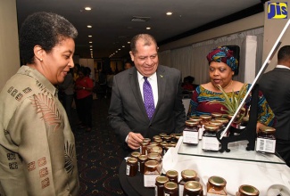 Minister of Industry, Commerce, Agriculture and Fisheries, Hon. Audley Shaw (centre), engages with Chief Executive Officer of the Jamaica Business Development Corporation (JBDC), Valerie Veira (right), and Executive Director of the Jamaica Manufacturers’ Association (JMA), Imega Breese McNab. Occasion was the launch of the 'True Stories – From Farm to Shelf' publication on May 15, at The Jamaica Pegasus hotel in New Kingston. 