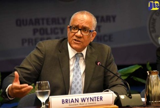 Bank of Jamaica (BOJ) Governor, Brian Wynter, emphasises a point while addressing journalists at Monday’s (May 21) quarterly media briefing, at the BOJ Auditorium, downtown Kingston.

