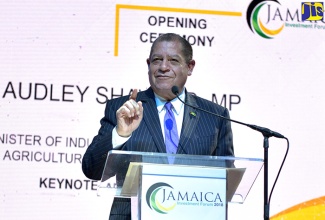 Minister of Industry, Commerce, Agriculture and Fisheries, Hon. Audley Shaw, addresses JAMPRO’s third staging of the Jamaica Investment Forum at the Montego Bay Convention Centre, St. James, on June 13.