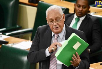 Minister without Portfolio in the Office of the Prime Minister, Hon. Mike Henry,  makes a point during his contribution to the 2018/19 Sectoral debate in the House of Representatives on June 27. In the background is State Minister in the Ministry of Education, Youth and Information, Hon. Floyd Green.