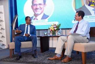  Finance and the Public Service Minister, Dr. the Hon. Nigel Clarke (left), makes a point to Sterling Asset Management Limited’s Managing Director, Charles Ross, during the firm’s annual investor briefing at the Spanish Court Hotel, New Kingston, recently.  