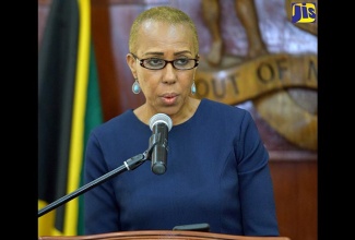 Minister without Portfolio in the Ministry of Finance and the Public Service, Hon. Fayval Williams, addresses yesterday’s (July 11) post-Cabinet press briefing  at Jamaica House.