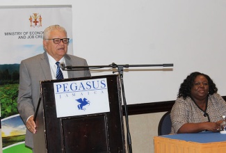 Minister without Portfolio in the Ministry of Economic Growth and Job Creation, Hon. Karl Samuda, speaks at a public consultation on the proposed amendments to the Rent Restriction Act, held at The Jamaica Pegasus hotel in New Kingston on Tuesday (July 3). Seated is Senior Director,  Housing Policy, Research and Monitoring Branch in the Ministry,  Ms. Paula Parkes.   