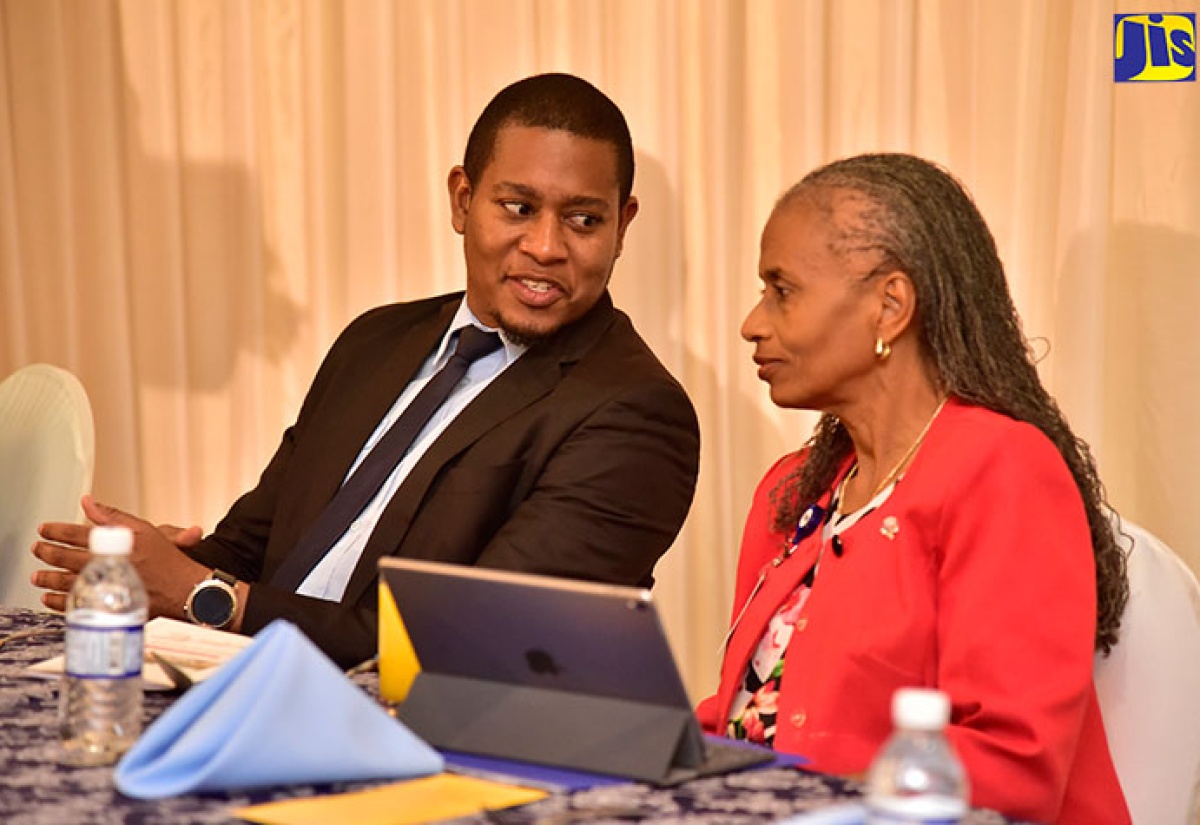 State Minister for Education, Youth and Information, Hon. Floyd Green (left), converses with University of the West Indies, Mona Campus Registrar, Camille Bell-Hutchinson, at a breakfast meeting hosted by the University of the West Indies’ School of Education, at the Mona Visitors’ Lodge and Conference Centre on August 30.  

