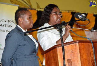 Chief Education Officer in the Ministry of Education, Youth and Information, Dr. Grace McLean (right), responding to questions posed by parents at a sensitisation session held at York Castle High School in Brown’s Town, St. Ann, on Wednesday (August 29). To her right is Regional Director, Region Three, Ministry of Education, Youth and Information, Sophia Forbes Hall.